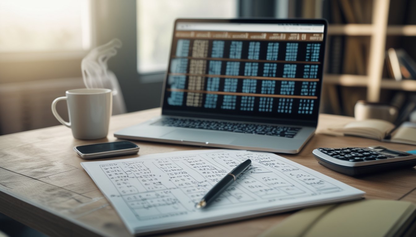 Meja kerja dengan laptop, buku catatan, kalkulator, dan alat tulis yang digunakan untuk merencanakan kombinasi angka togel.