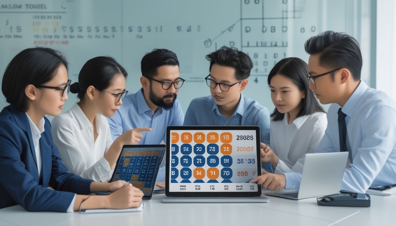 Sekelompok orang sedang berdiskusi dan menganalisis kombinasi angka pada perangkat digital di ruang kerja modern.
