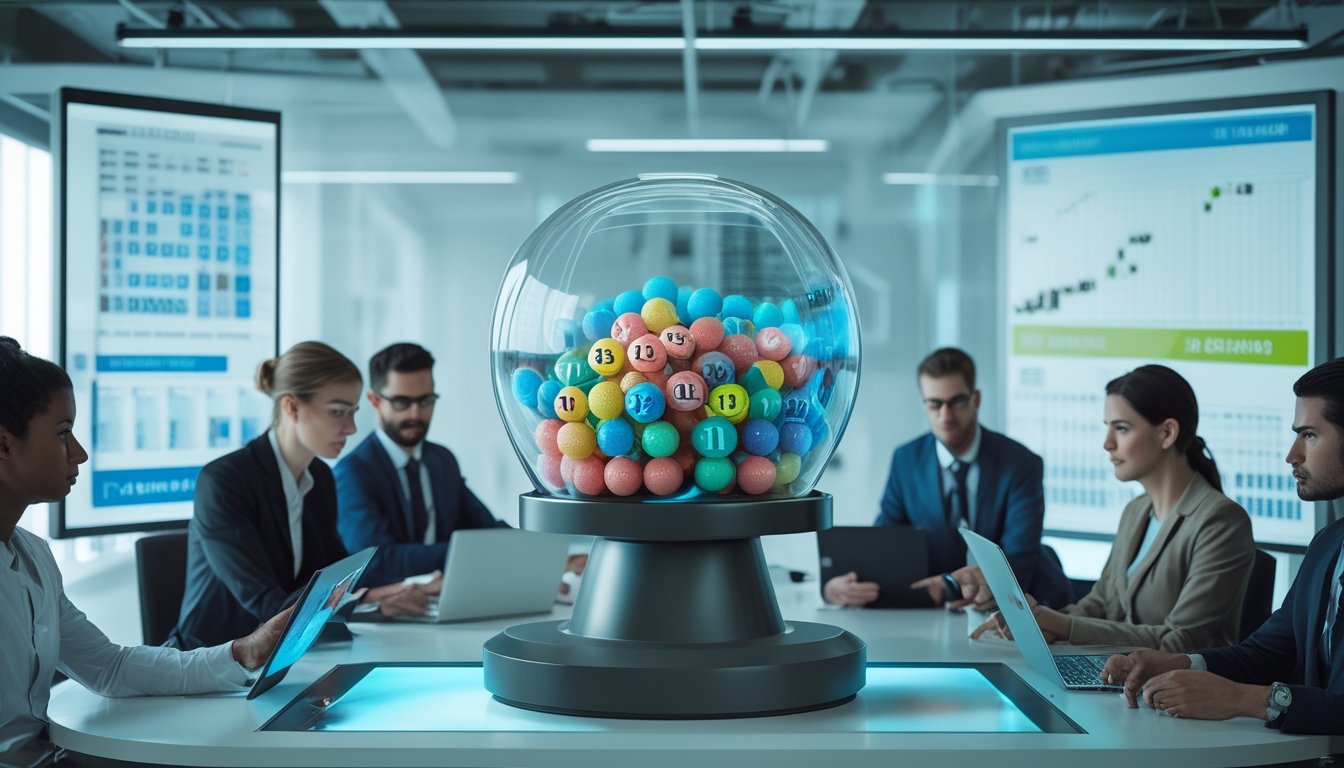 Mesin lotere modern sedang memutar bola bernomor dengan beberapa orang yang memperhatikan data dan grafik di layar di sebuah kantor terang.