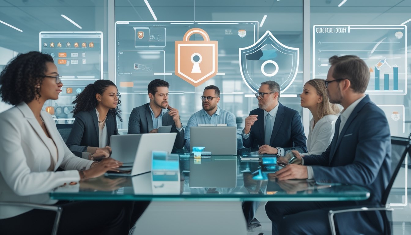 Sekelompok orang sedang berdiskusi di kantor modern dengan perangkat digital yang menampilkan antarmuka togel, menunjukkan suasana kerja yang aman dan terpercaya.