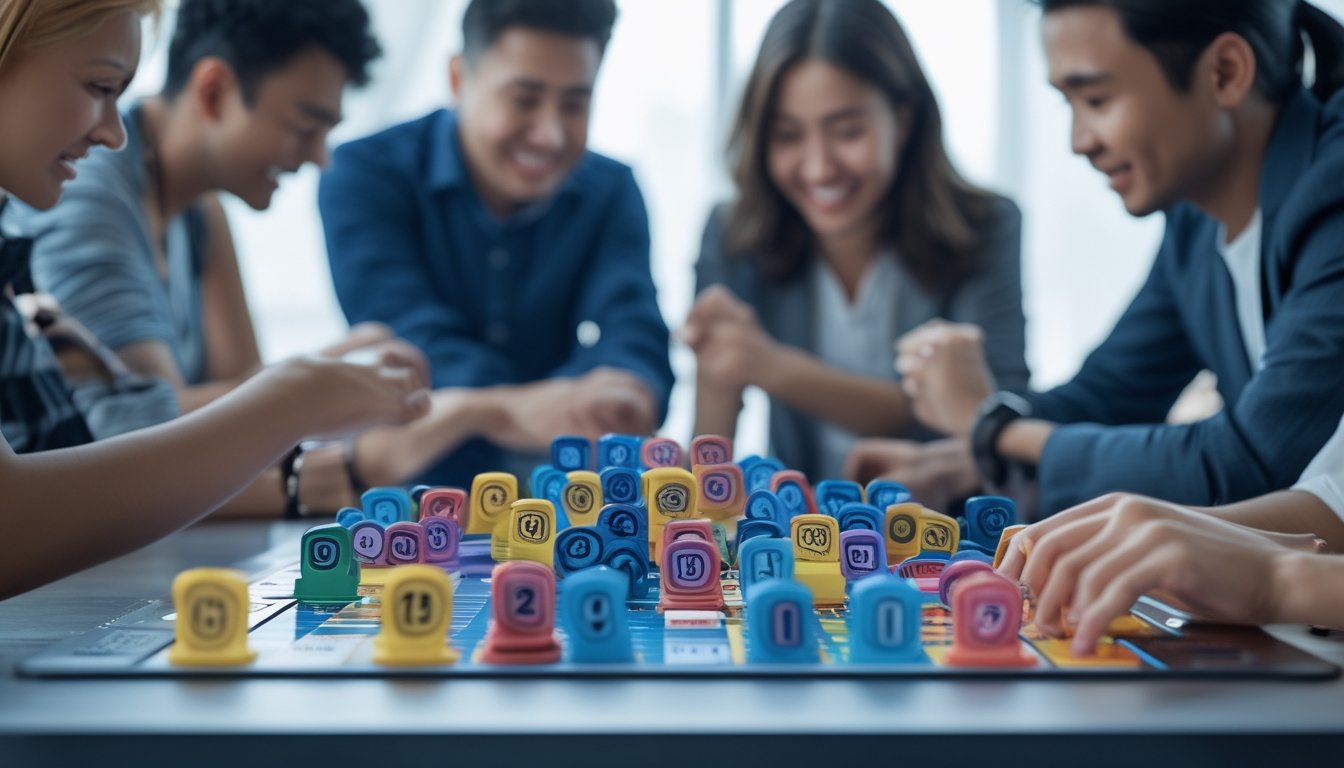 Meja permainan dengan berbagai token warna-warni tersusun dalam posisi berbeda, dikelilingi oleh beberapa pemain yang fokus dan bersemangat bermain.
