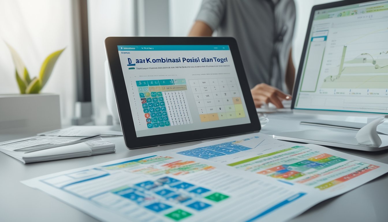 Seseorang sedang menganalisis kombinasi angka togel menggunakan tablet dan kertas di meja kerja dengan grafik dan data angka di sekitar.