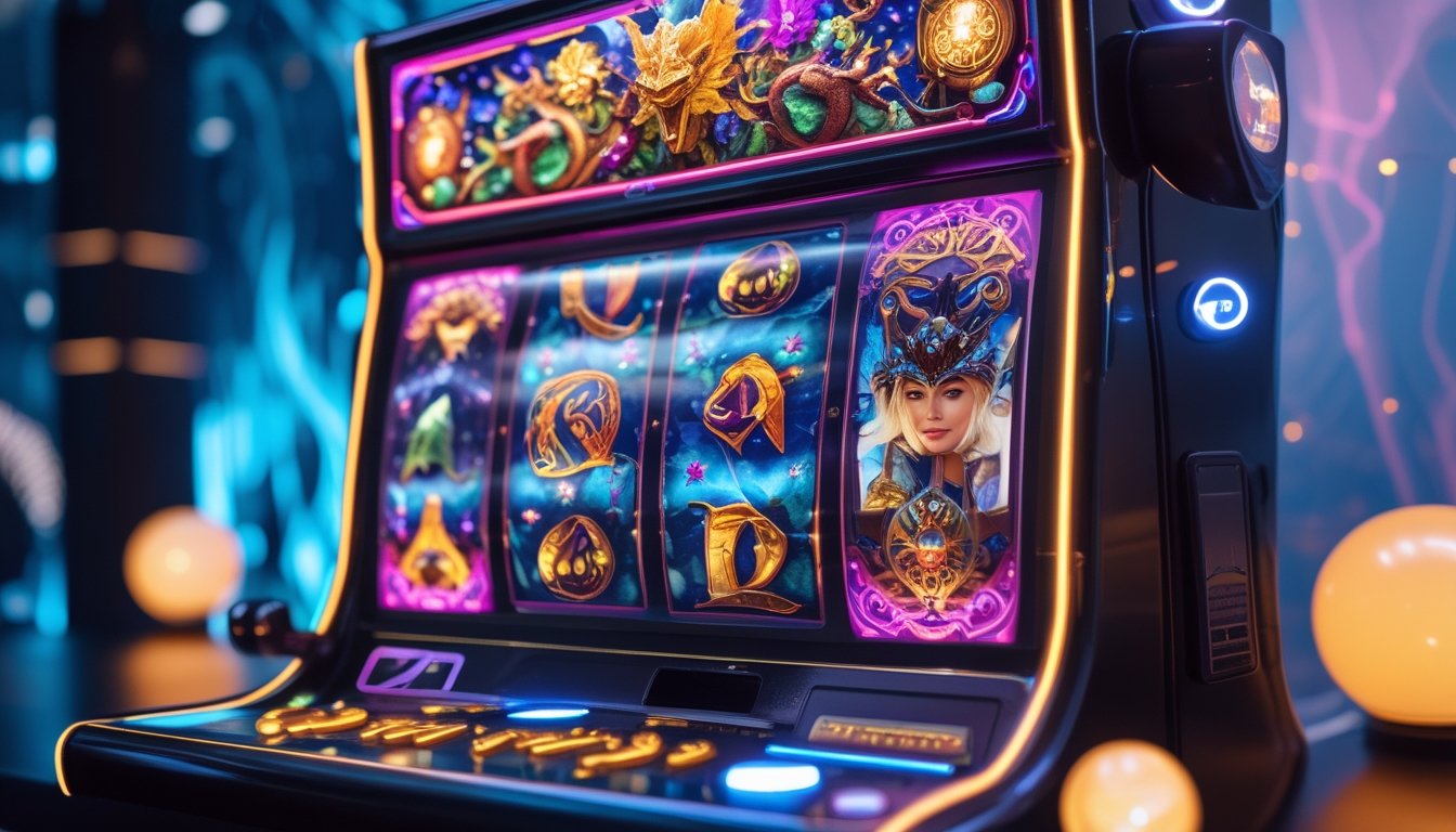 Mesin slot dengan tema fantasi yang menampilkan naga, kastil mistis, dan hutan ajaib yang bercahaya.