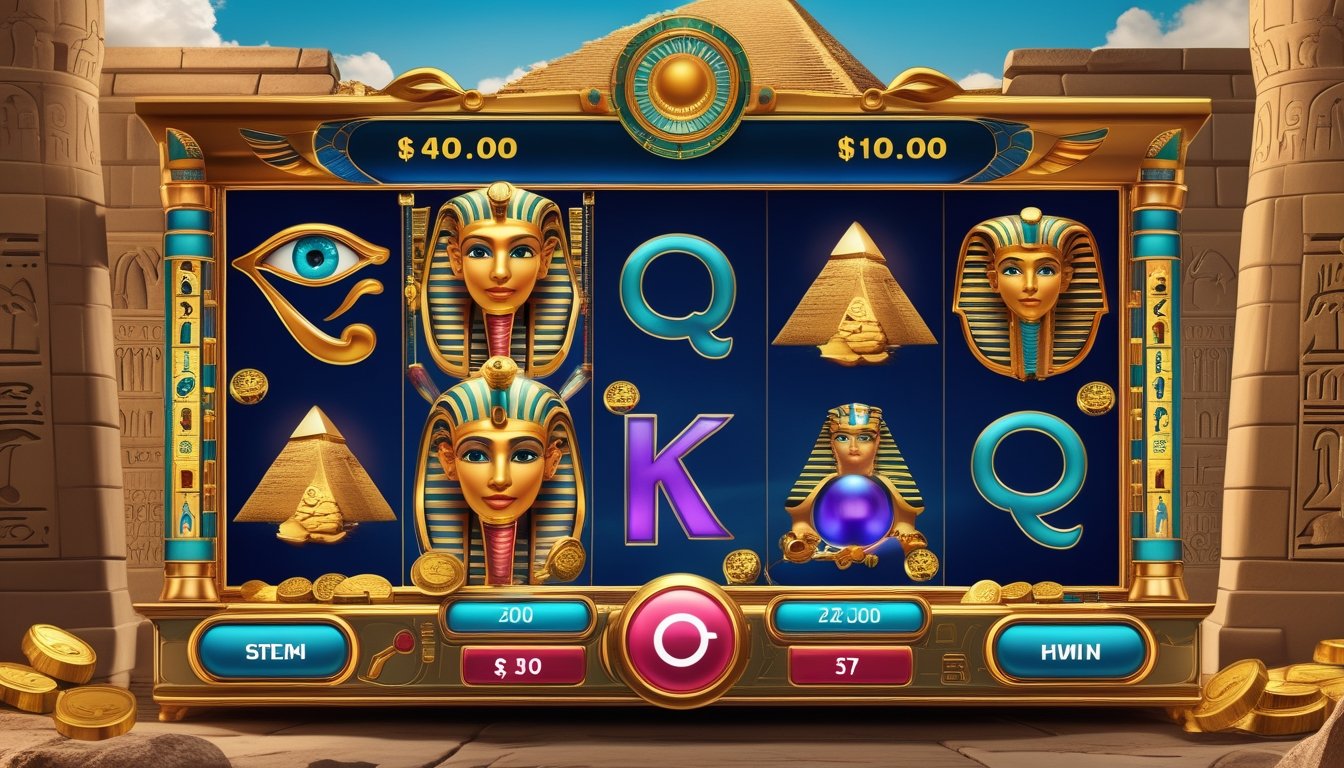 Tampilan layar mesin slot online bertema Mesir kuno dengan simbol seperti scarab emas, mata Horus, dan piramida, menunjukkan suasana permainan slot favorit para pemain online.