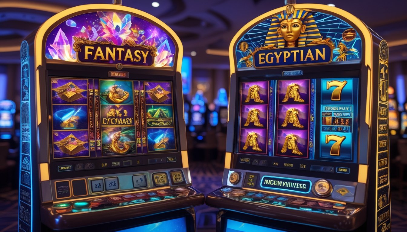 Gambar perbandingan dua mesin slot dengan tema fantasi dan Mesir, menampilkan elemen magis dan simbol kuno di lingkungan kasino.