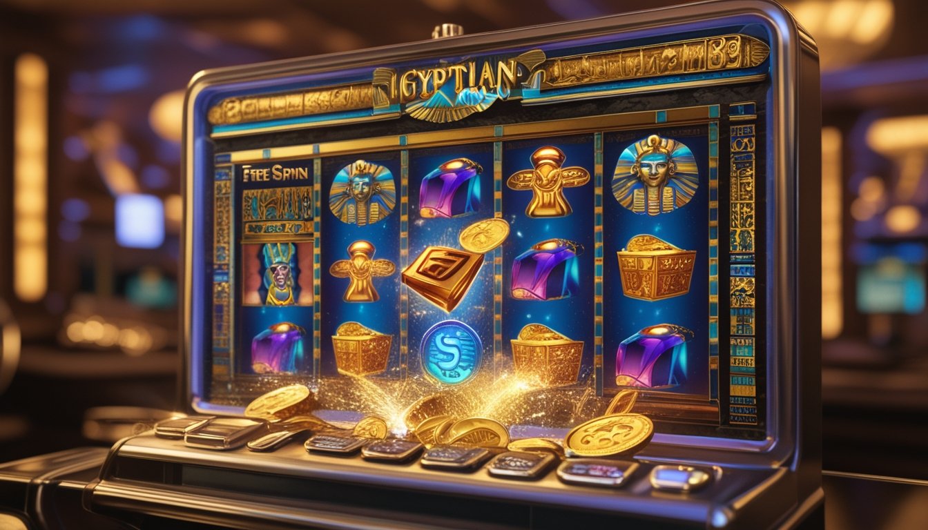 Layar mesin slot bertema Mesir kuno dengan simbol hieroglif, piramida, dan fitur putaran gratis yang aktif, dikelilingi oleh koin emas dan hiasan kasino mewah.