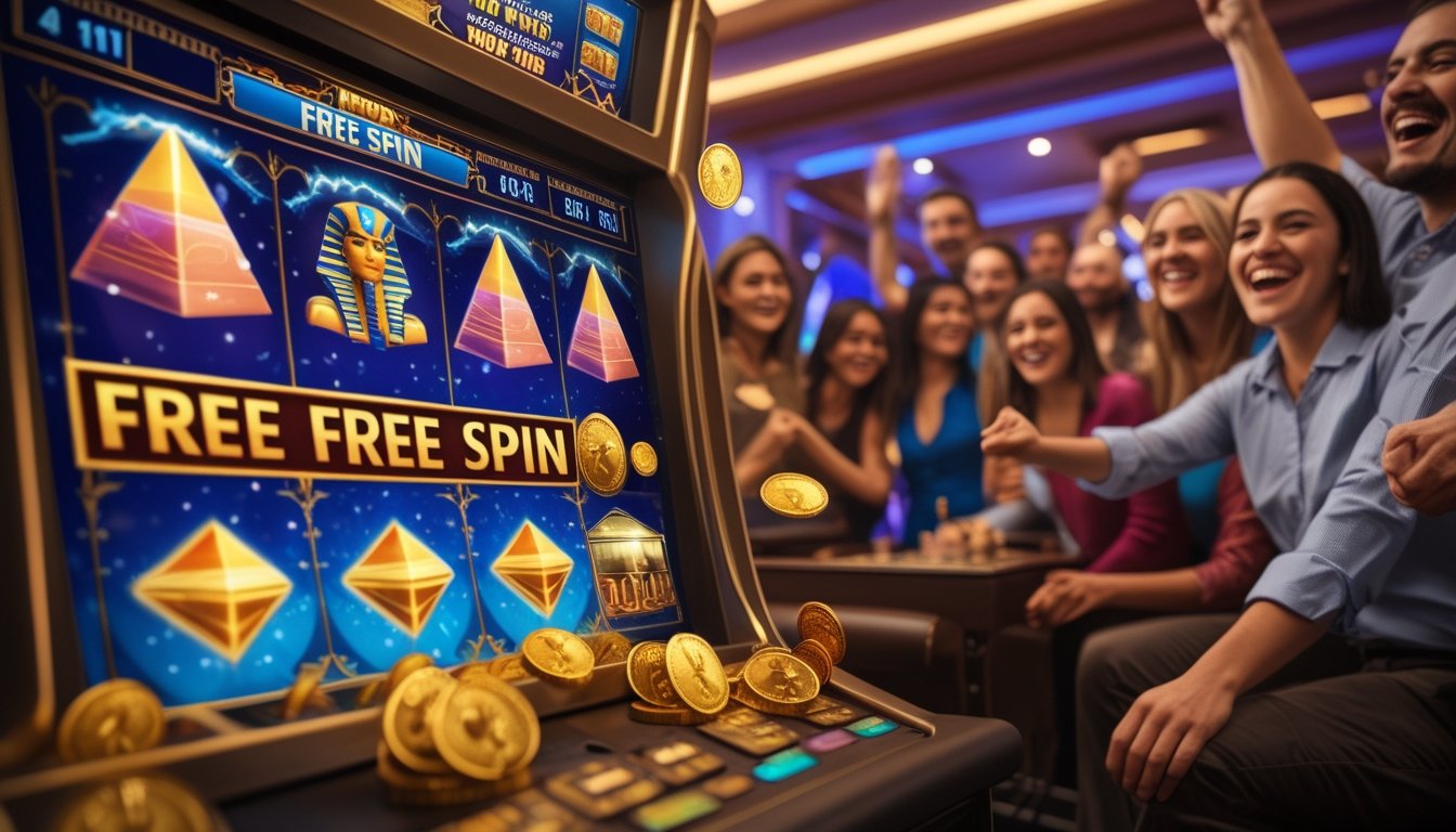 Adegan kasino dengan mesin slot bertema Mesir yang menampilkan fitur putaran gratis dan pemain yang sedang merayakan kemenangan besar.
