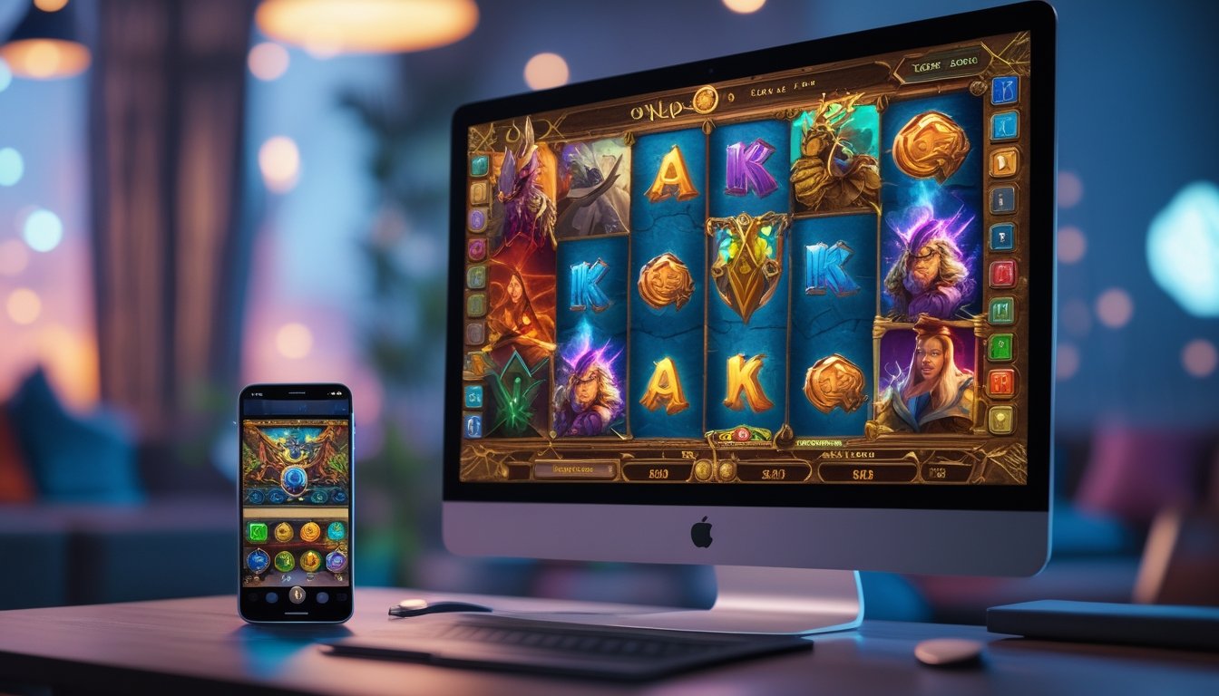 Layar komputer dan ponsel menampilkan permainan slot bertema fantasi dengan grafik warna-warni dan karakter makhluk mitos.