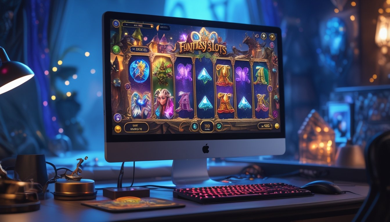 Tampilan layar komputer modern yang menampilkan permainan slot fantasi dengan grafik warna-warni dan makhluk mitos seperti naga dan peri.