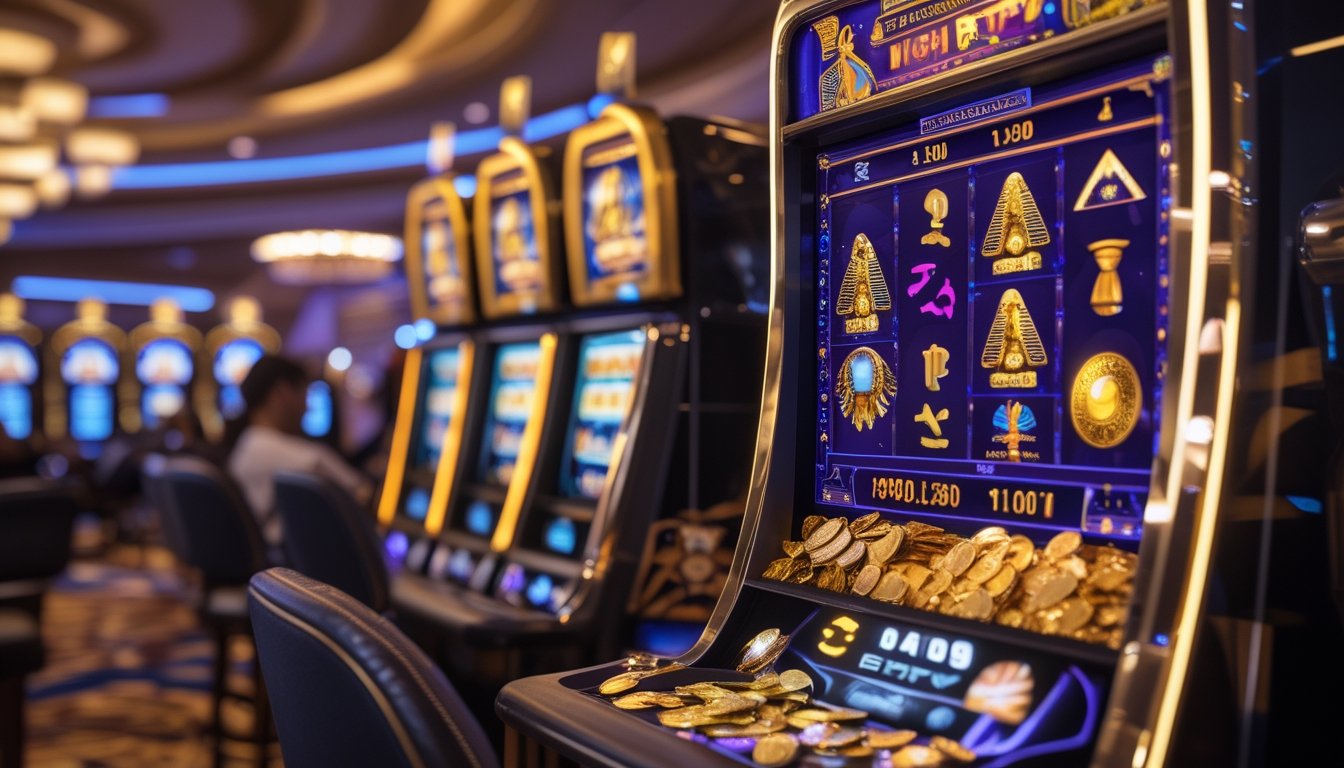 Area mesin slot bertema Mesir dengan simbol-simbol seperti scarab emas, piramida, dan hieroglif, menampilkan suasana kasino yang hidup dengan mesin slot yang sedang menang.