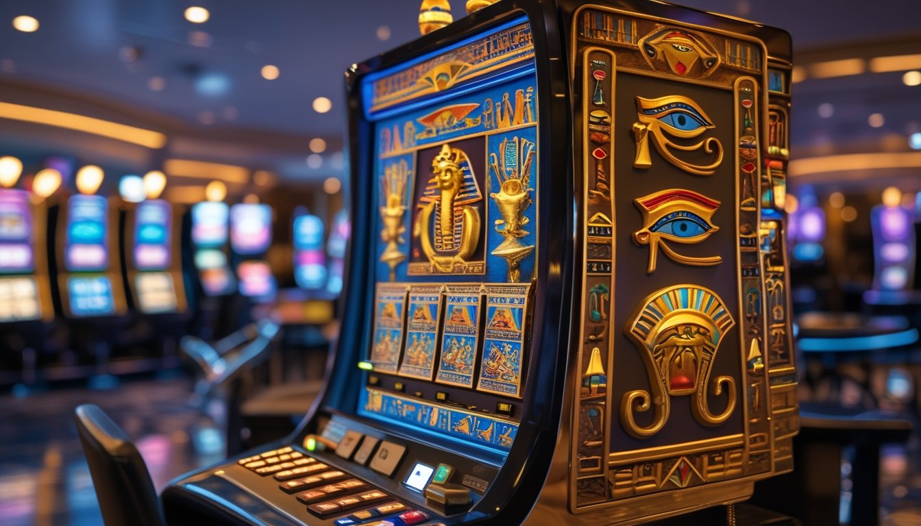 Mesin slot bertema Mesir kuno dengan simbol hieroglif dan patung firaun di lantai kasino modern.