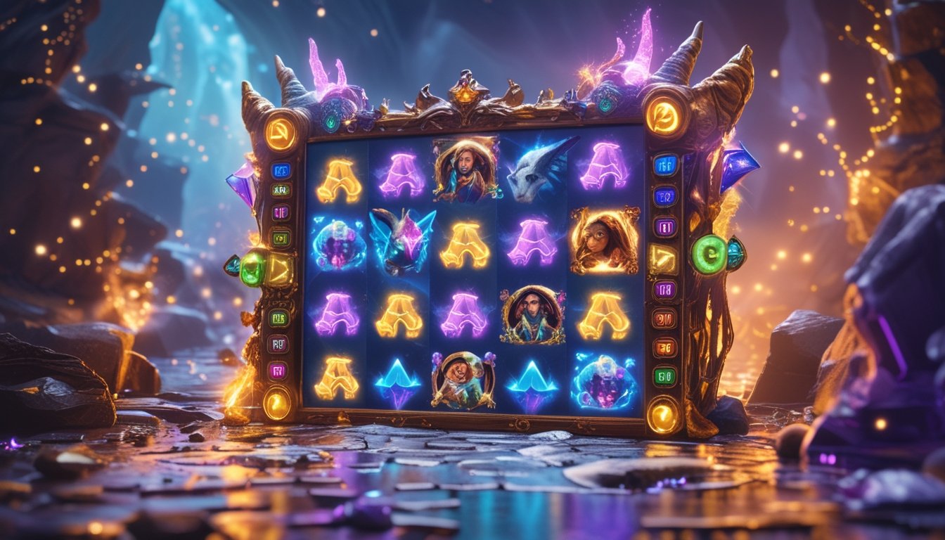 Layar mesin slot dengan karakter fantasi unik dan efek visual berkilauan di latar belakang pemandangan fantasi.