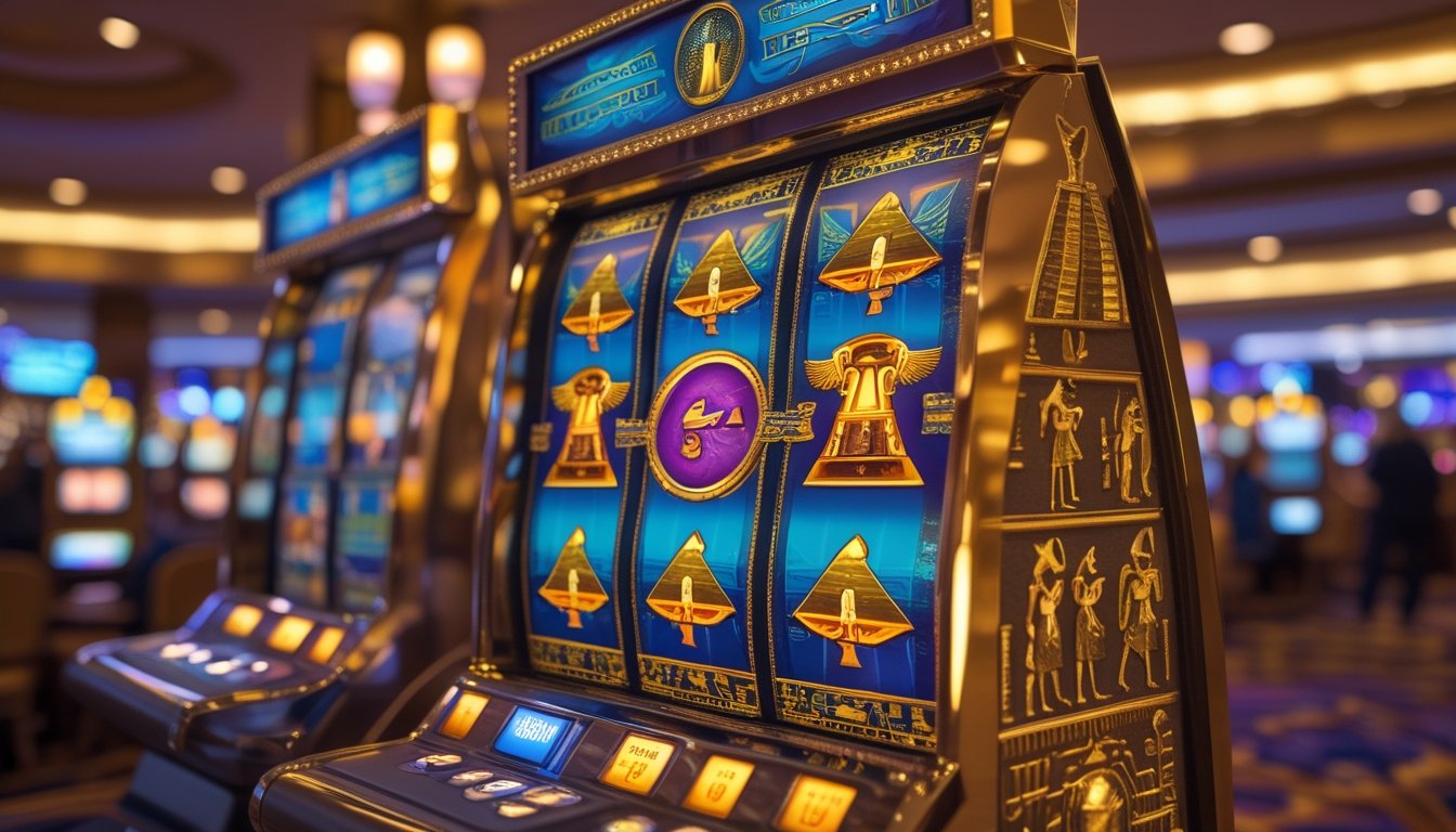 Mesin slot bertema Mesir dengan simbol kuno di kasino yang ramai dan pencahayaan hangat.