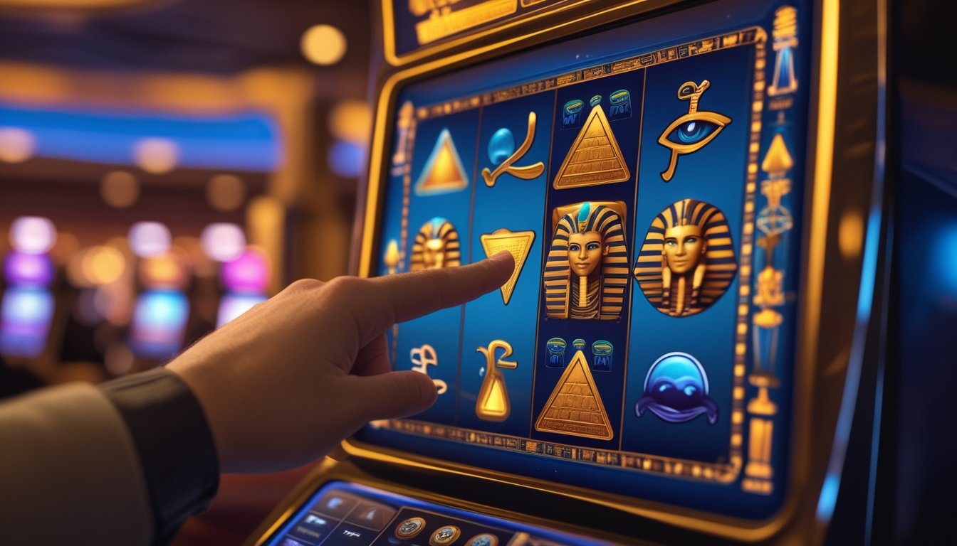 Layar perangkat digital menampilkan permainan slot bertema Mesir dengan simbol piramida dan scarab, tangan siap memutar gulungan di latar kasino yang samar.