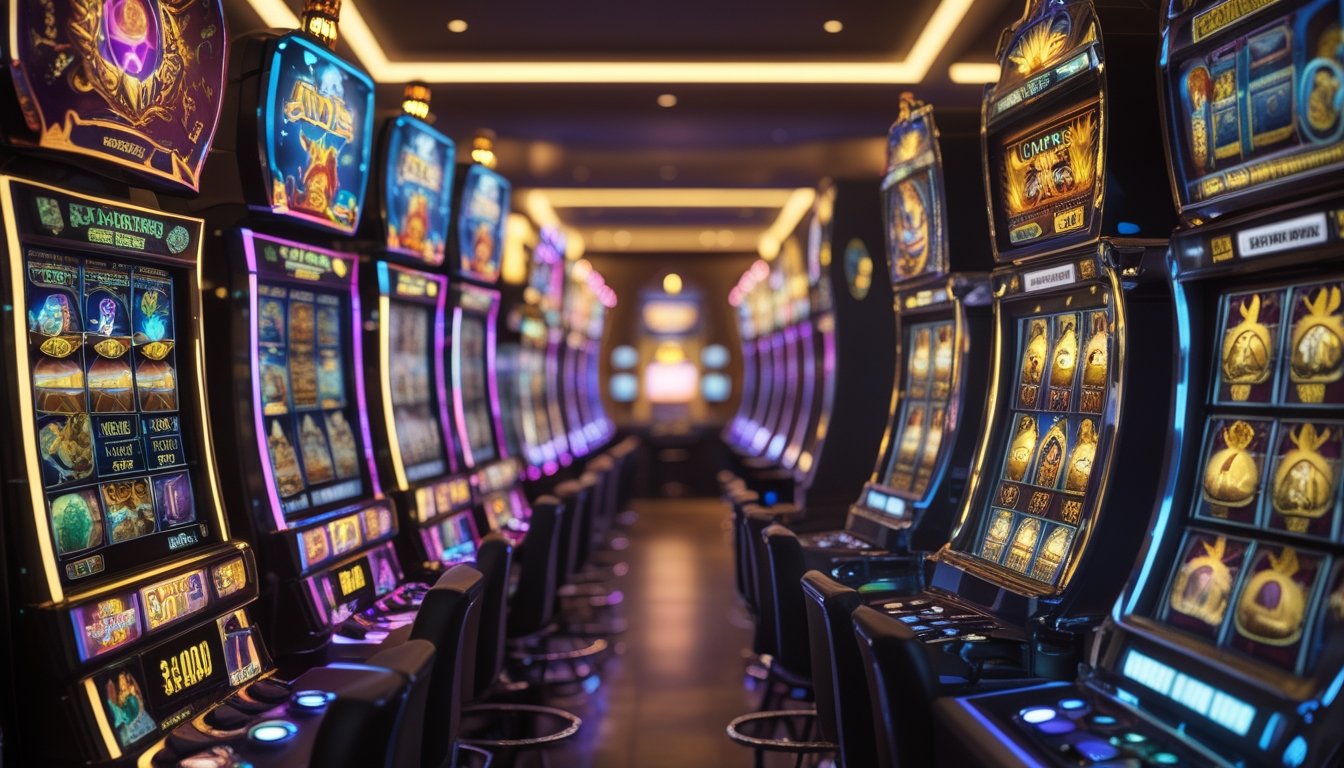 Gambar mesin slot bertema fantasi di sebelah kiri dan mesin slot bertema Mesir di sebelah kanan, keduanya berada di dalam lingkungan kasino.