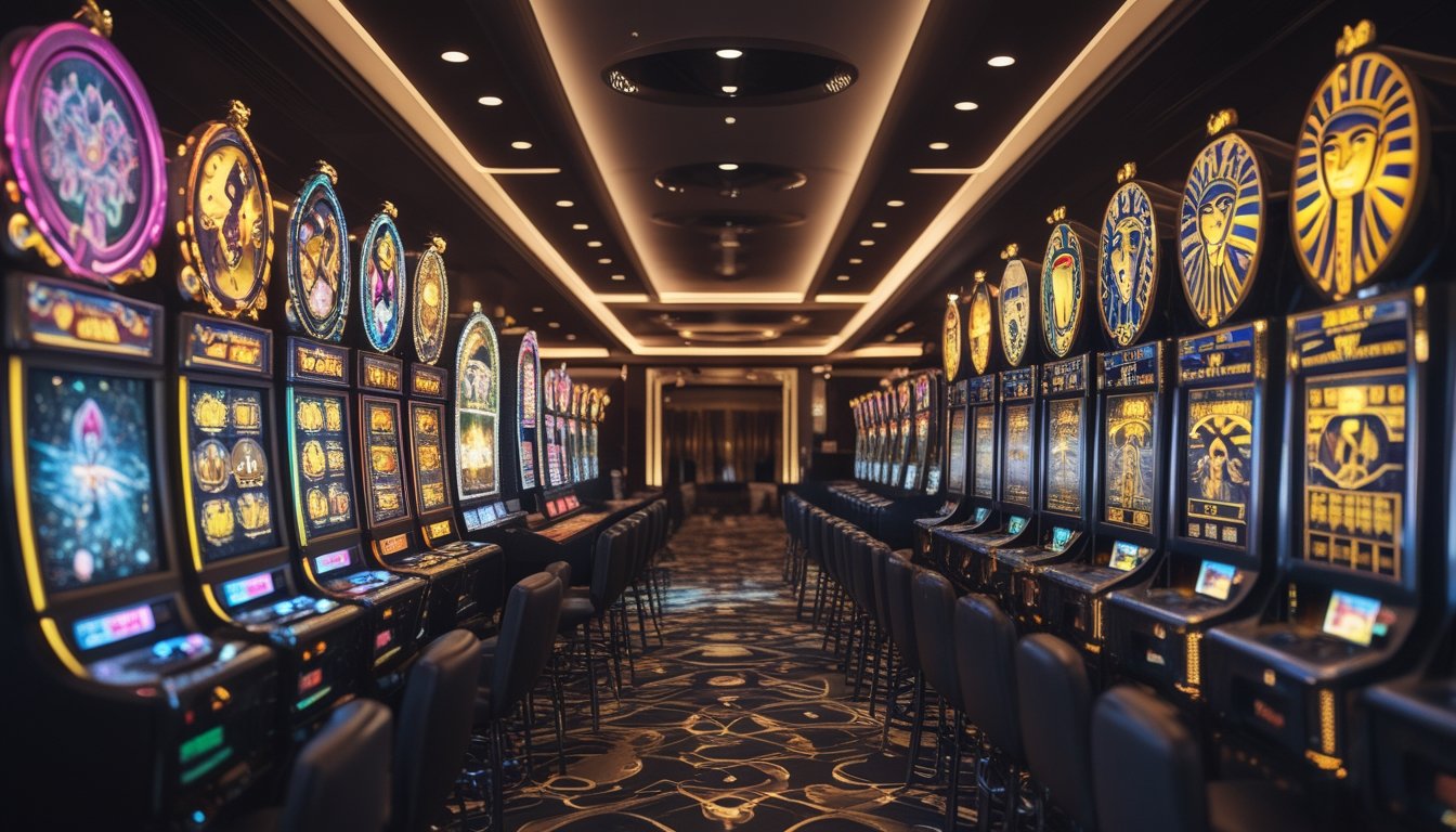 Gambar perbandingan mesin slot bertema fantasi dengan mesin slot bertema Mesir di dalam kasino.