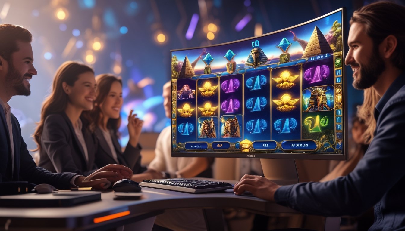 Beberapa orang sedang bermain game slot dengan tema fantasi dan Mesir di depan layar komputer besar.