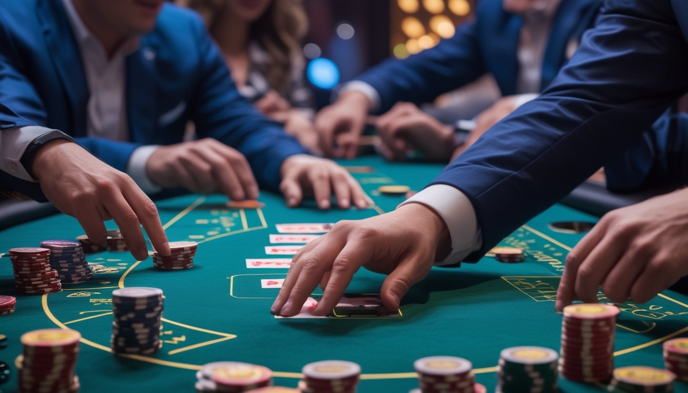 Meja permainan Rapid Baccarat dengan pemain dan dealer yang sedang bermain dengan fokus dan cepat di kasino.
