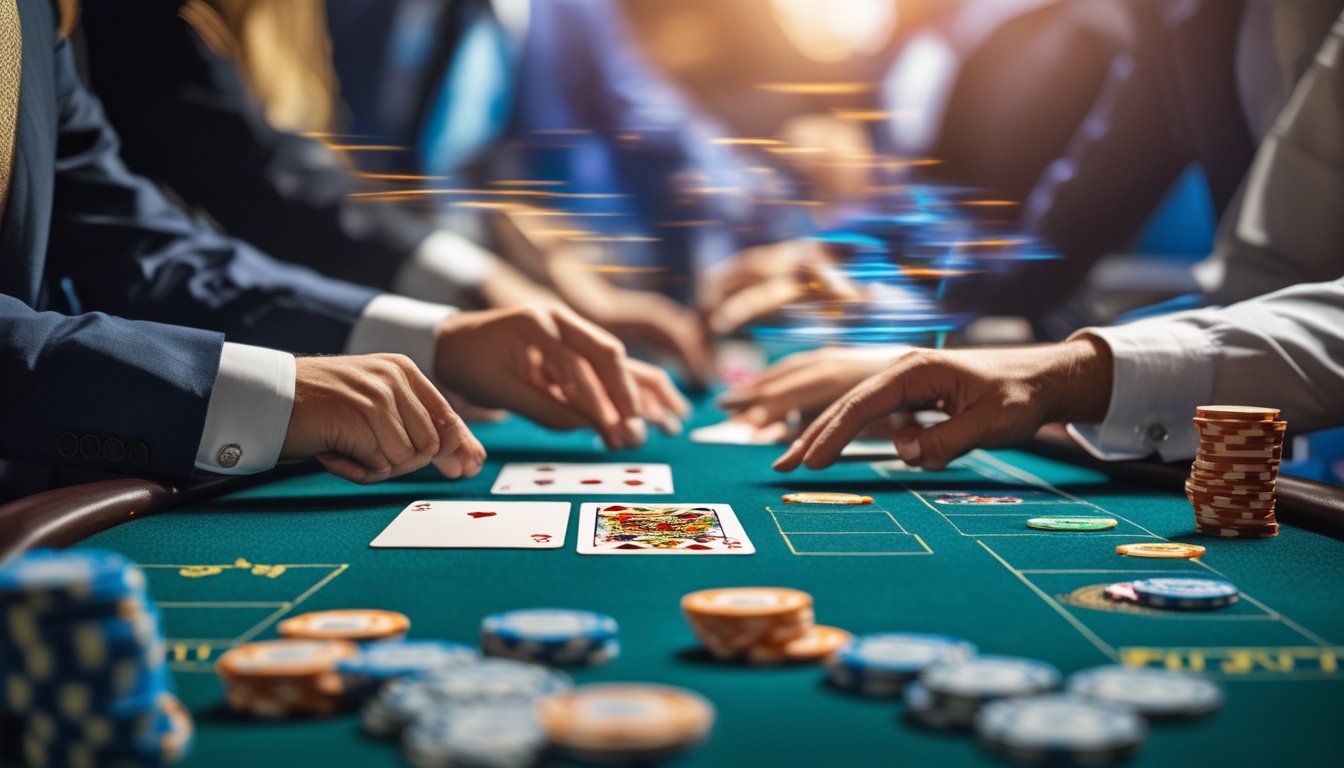 Meja permainan baccarat dengan kartu dan chip yang tersusun rapi, tangan pemain sedang bergerak cepat, menunjukkan suasana permainan yang cepat dan menegangkan.