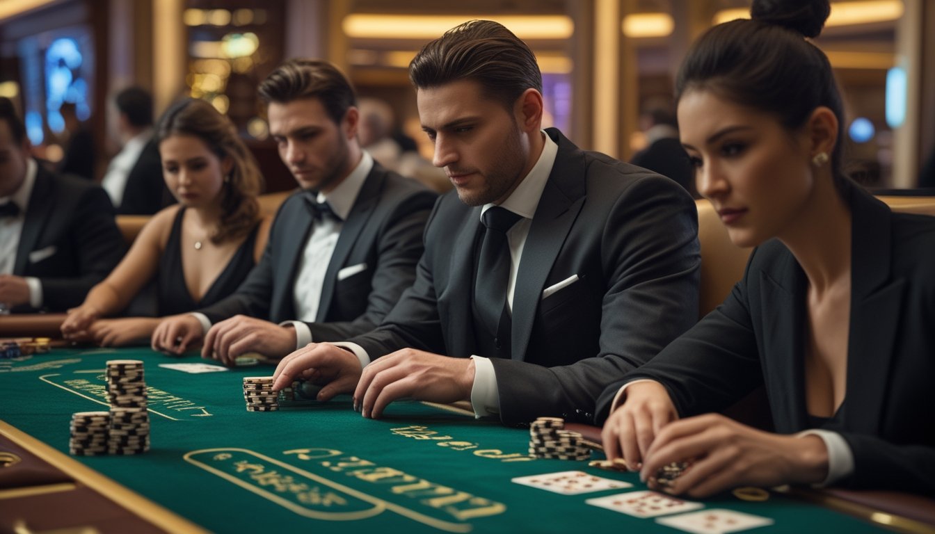 Meja baccarat di kasino mewah dengan pemain berpakaian rapi yang sedang bermain kartu dan menggunakan chip taruhan.