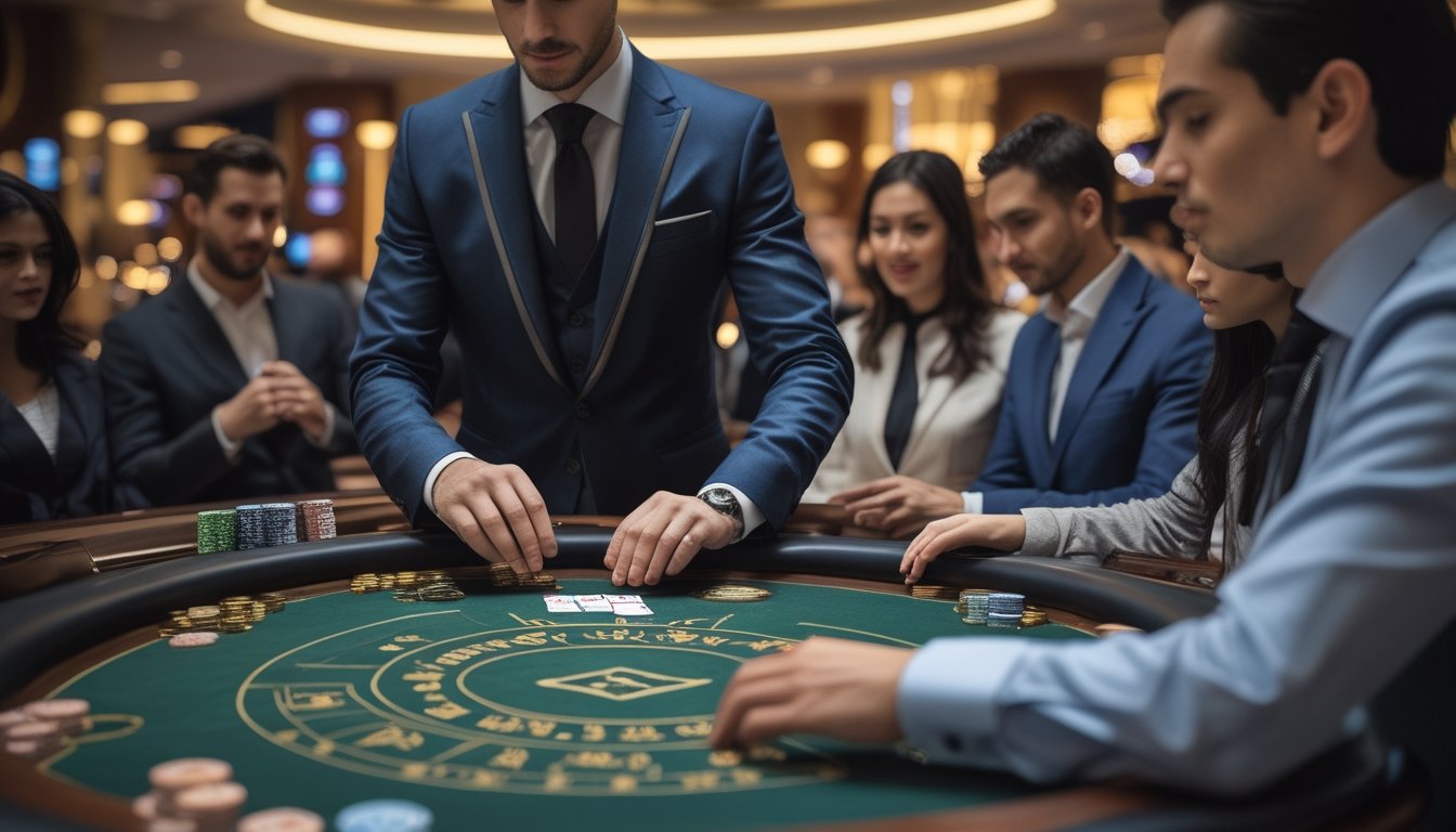 Seorang dealer dan pemain yang sedang bermain baccarat di meja kasino tanpa komisi.