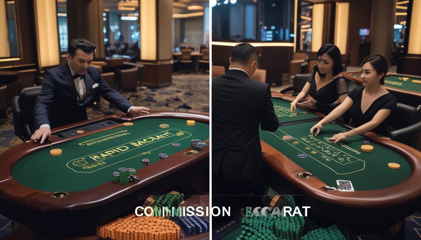 Dua meja baccarat di kasino dengan satu meja menunjukkan permainan cepat dan meja lain menunjukkan permainan tanpa komisi, dengan pemain dan dealer aktif di sekitar meja.