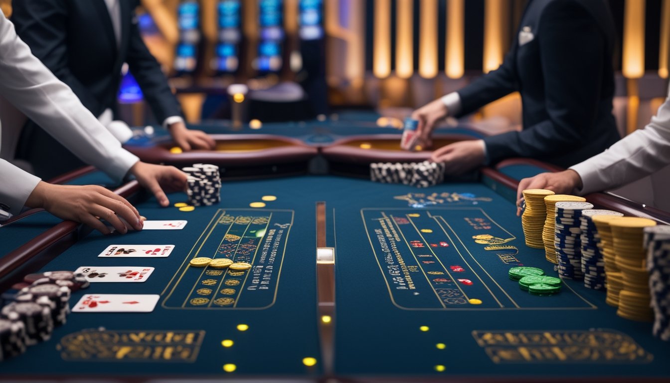 Meja kasino dengan dua area permainan baccarat yang berbeda, satu dengan dealer membagikan kartu dengan cepat dan satu lagi dengan pemain yang memasang taruhan tanpa komisi.
