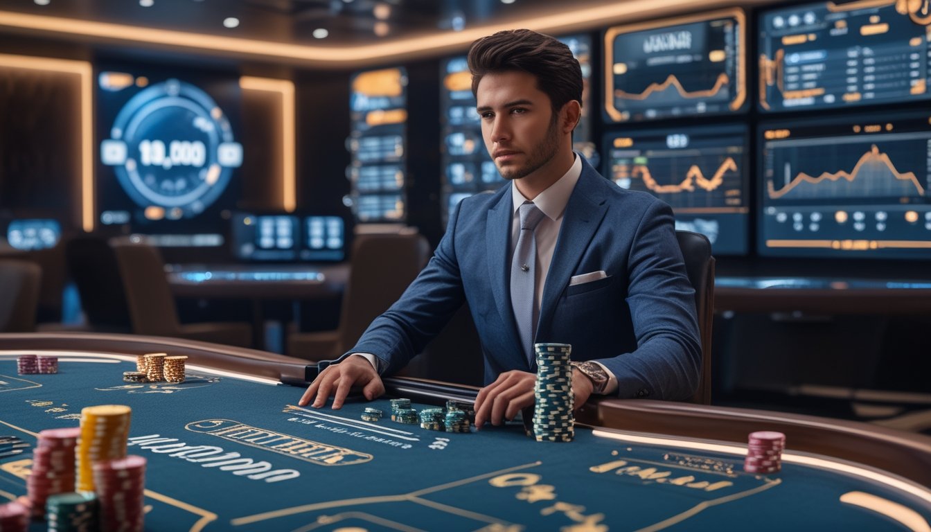 Seorang pemain di meja baccarat modern dengan kartu dan chip, fokus pada permainan di suasana kasino yang terang dan canggih.