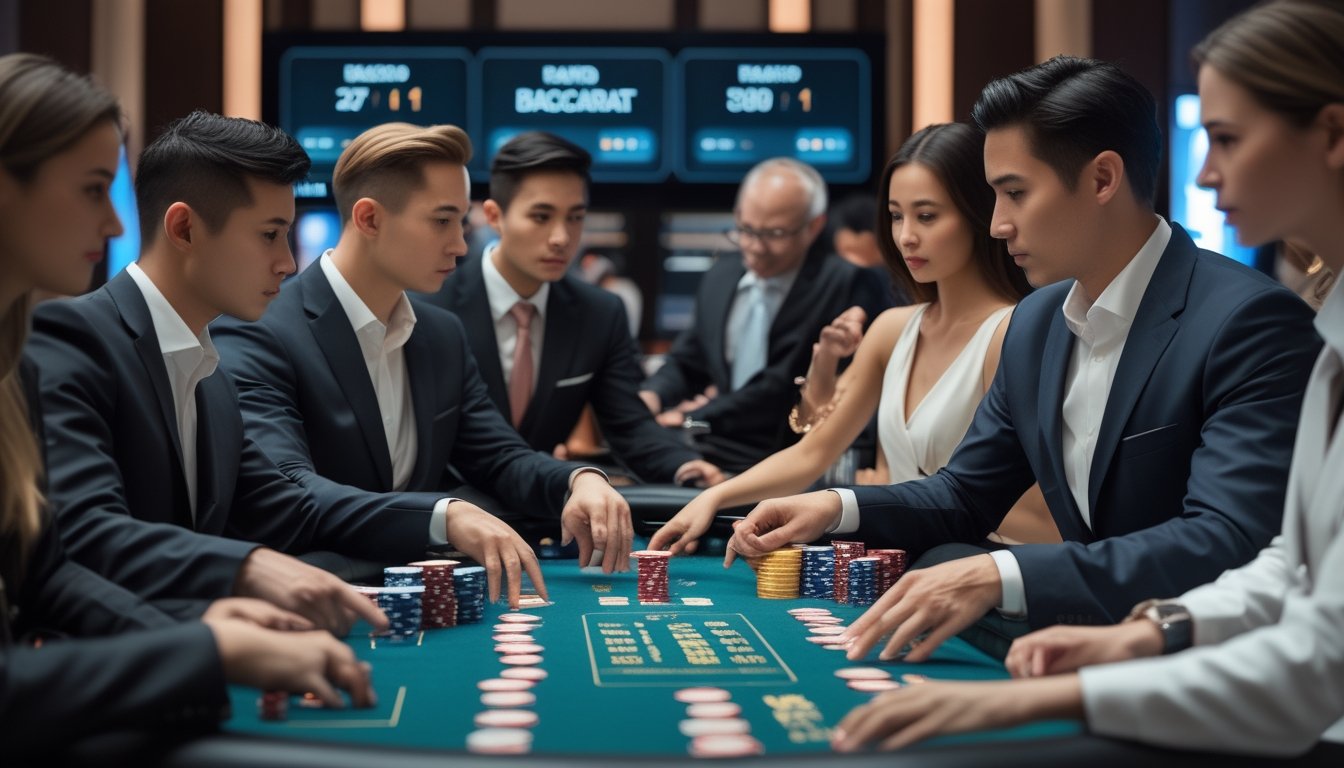 Beberapa pemain berpakaian rapi sedang bermain Rapid Baccarat di meja kasino dengan kartu dan chip, dikelilingi layar digital yang menampilkan statistik permainan.