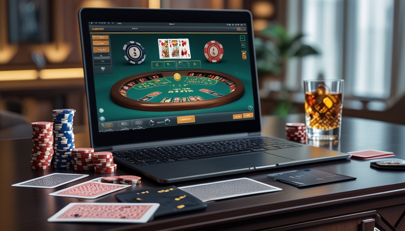 Meja dengan komputer menampilkan permainan baccarat online, kartu dan chip poker tersusun rapi, serta gelas minuman di sampingnya.
