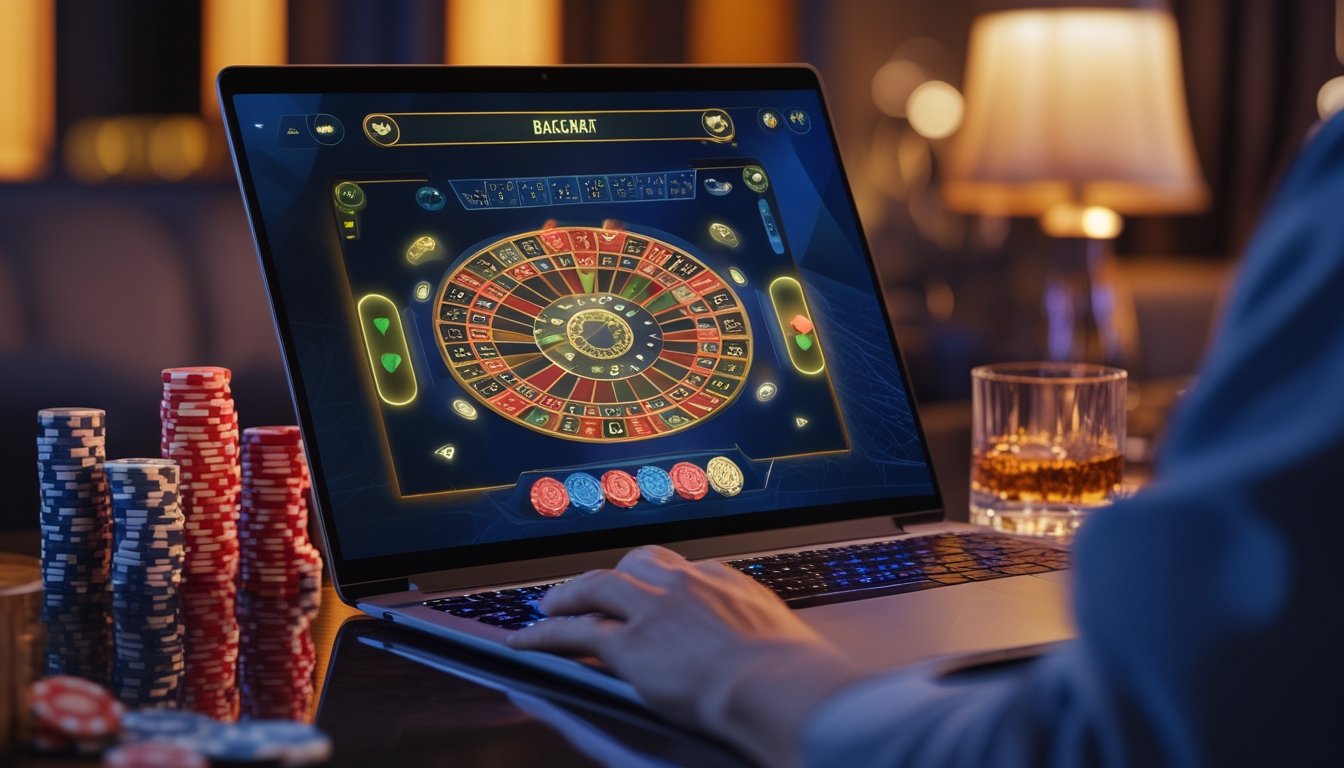 Seorang pria menggunakan laptop dengan tampilan permainan baccarat online, di meja terdapat tumpukan chip poker dan gelas minuman, suasana hangat dan nyaman.