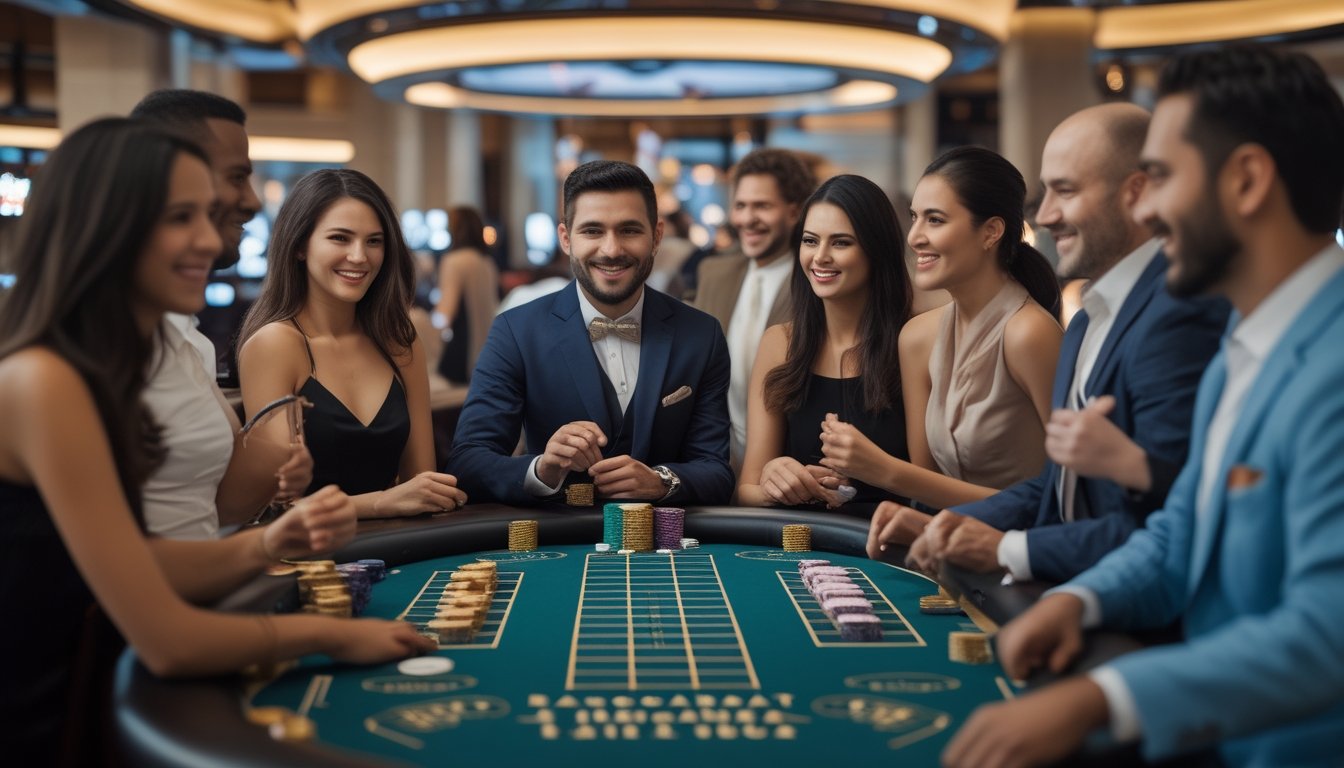 Beberapa pemain berpakaian rapi sedang bermain baccarat di meja kasino dengan suasana yang ceria dan santai.