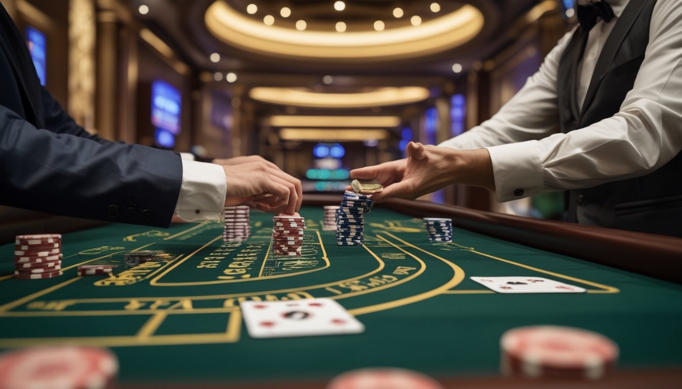 Meja permainan Baccarat di kasino dengan kartu dan chip, dealer sedang membagikan kartu.