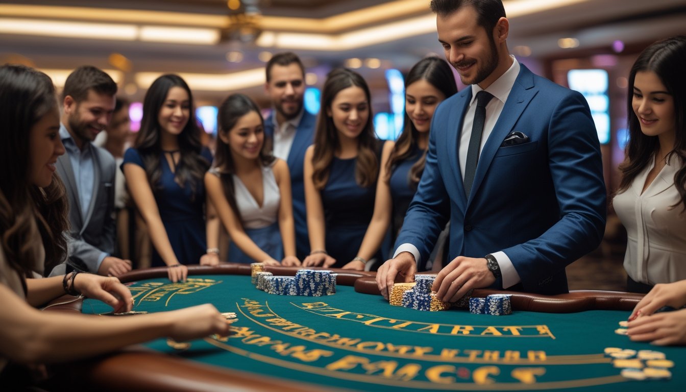 Seorang dealer dan beberapa pemula sedang belajar bermain baccarat di meja kasino yang elegan.