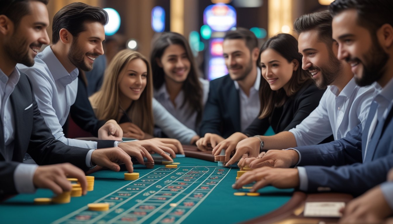 Meja Baccarat di kasino dengan beberapa pemain yang sedang bermain dan mengamati kartu dengan serius.