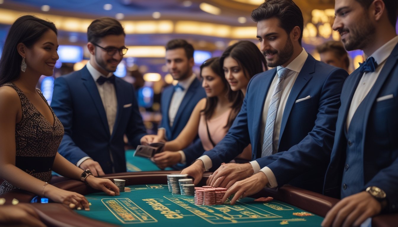 Sekelompok pemain berjudi di meja baccarat di kasino dengan dealer membagikan kartu dan tumpukan chip di meja.