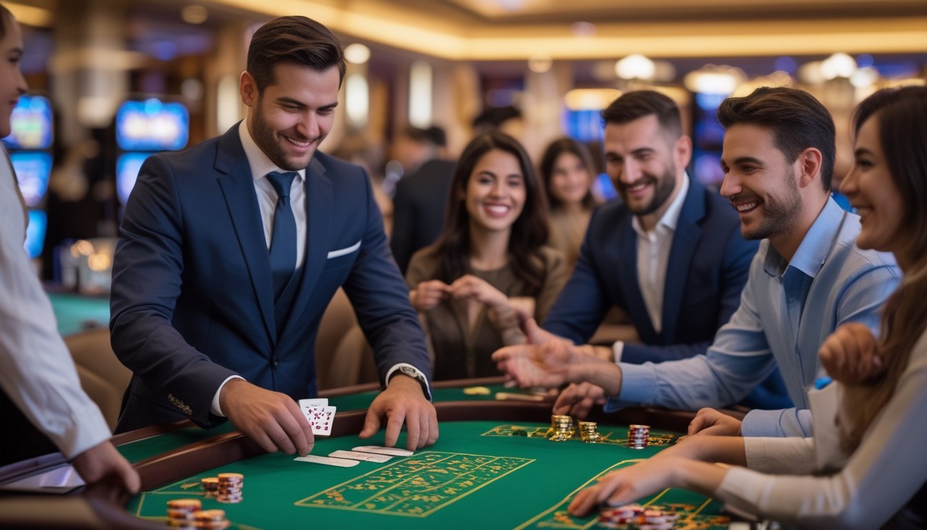 Seorang dealer dan beberapa pemain duduk di meja baccarat tanpa komisi di kasino, terlihat fokus dan menikmati permainan.