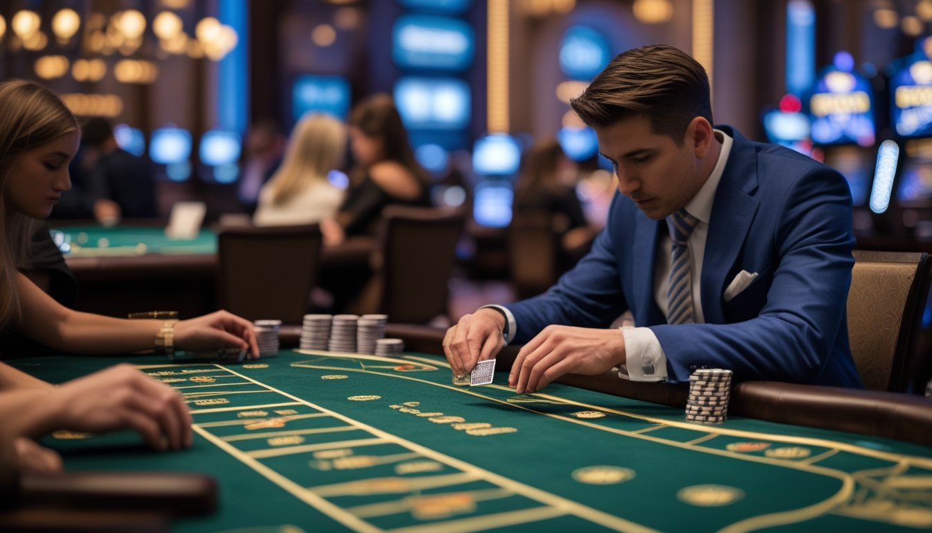 Seorang pemain berpakaian rapi sedang menganalisis kartu di meja Baccarat dengan tumpukan chip di sebelahnya di dalam kasino.