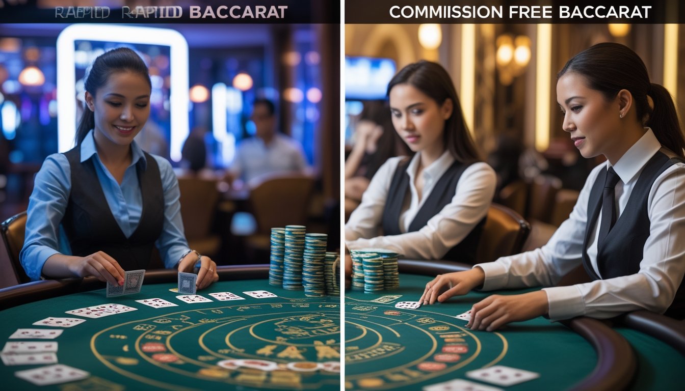 Seorang dealer membagikan kartu di meja baccarat dengan pemain yang fokus bermain di kasino mewah.
