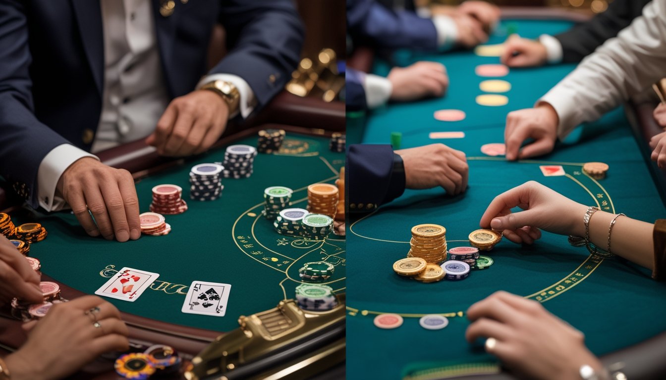 Meja kasino dengan dua gaya permainan baccarat yang berbeda, satu cepat dan satu tanpa komisi, dengan pemain dan dealer yang sedang bermain.
