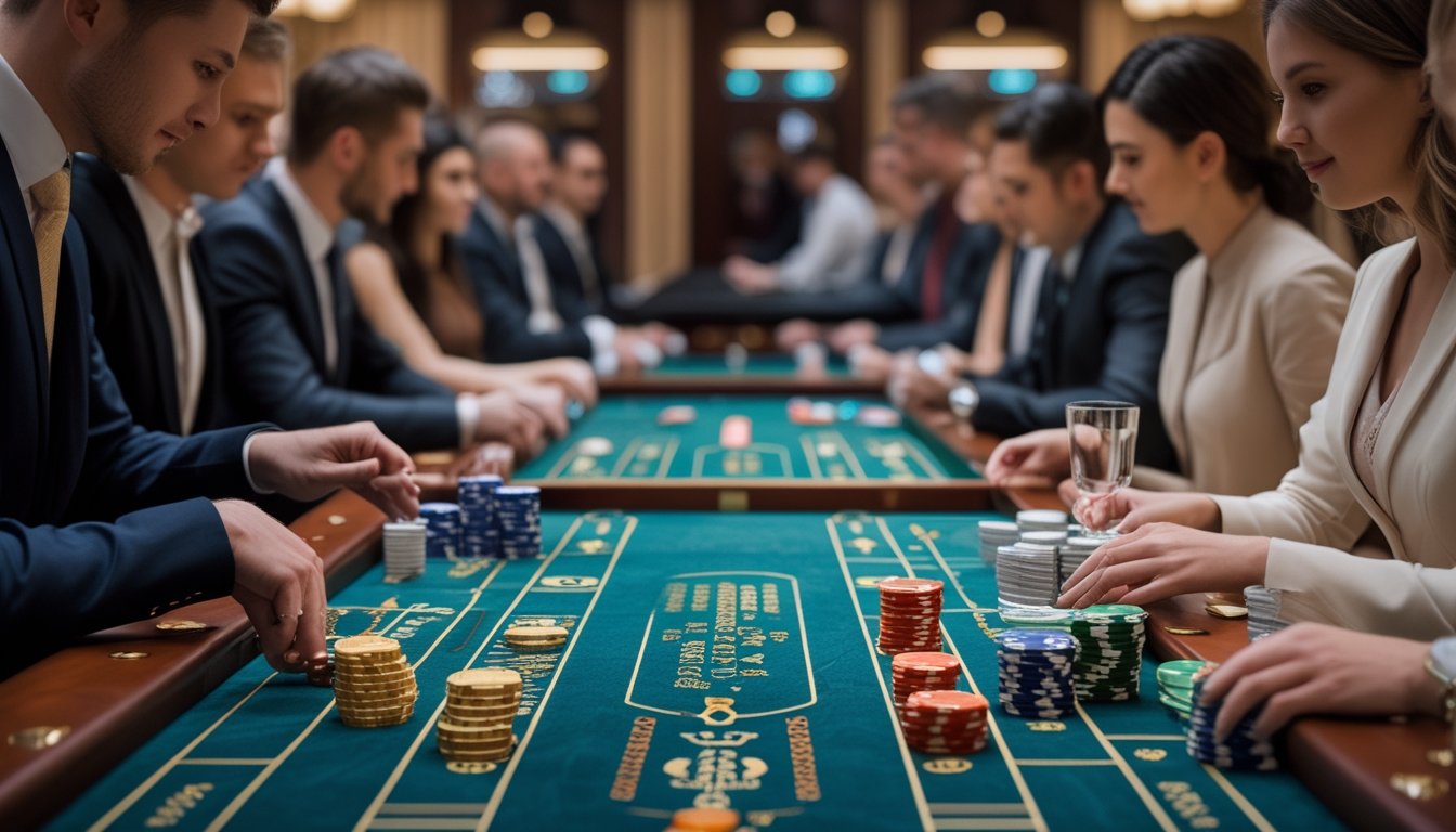 Meja baccarat di kasino dengan dua sisi permainan berbeda, satu cepat dan satu tanpa komisi, dengan pemain dan dealer yang sedang bermain.