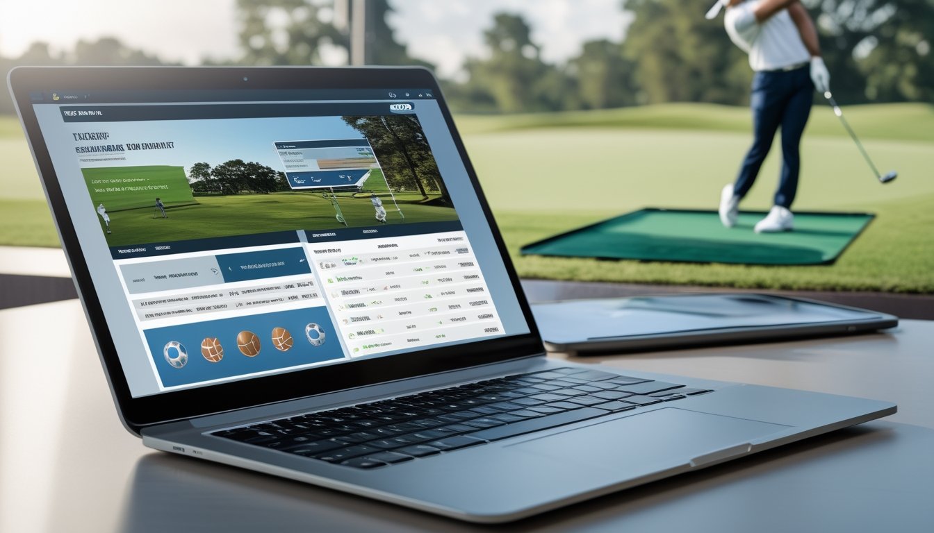 Seorang pegolf sedang melakukan ayunan di lapangan golf hijau dengan laptop di meja menampilkan situs taruhan golf online.