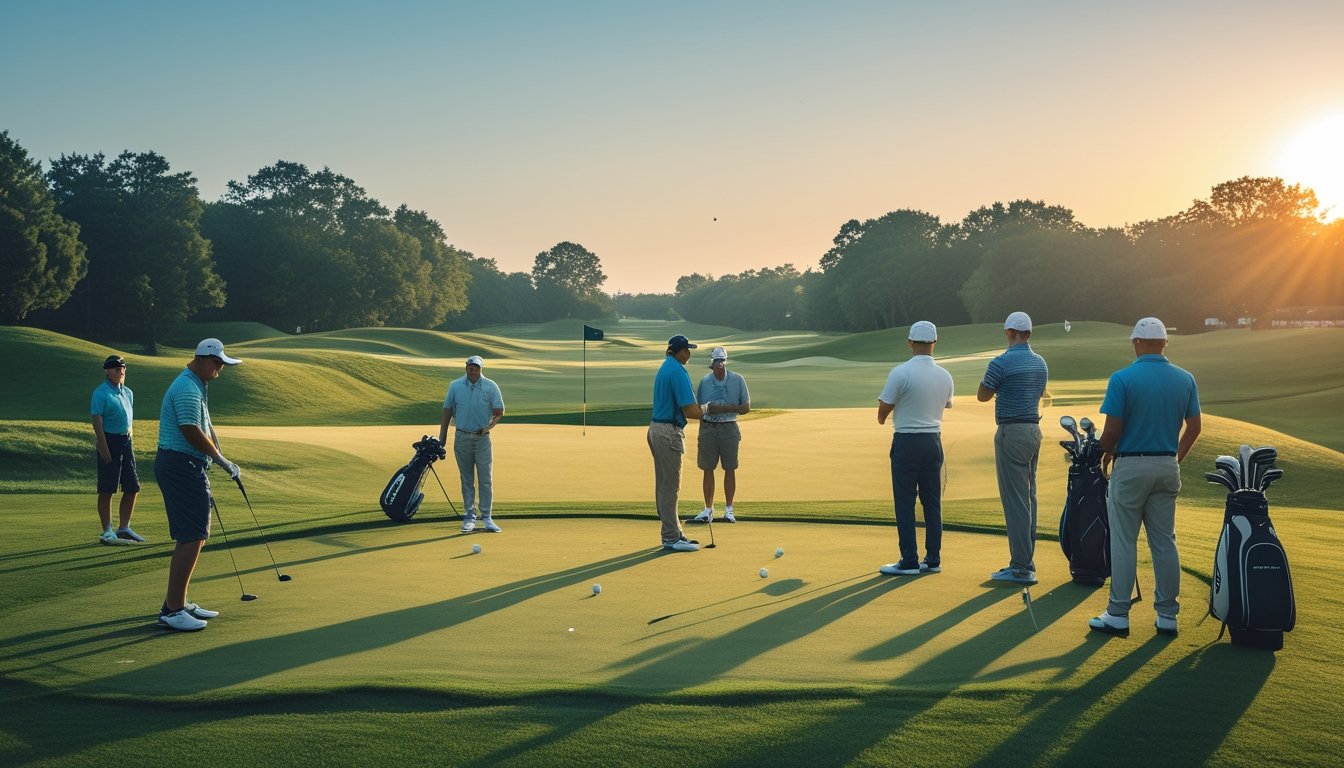 Beberapa pemain golf sedang beraktivitas di lapangan golf yang hijau dan cerah, dengan latar langit biru dan bendera golf di kejauhan.