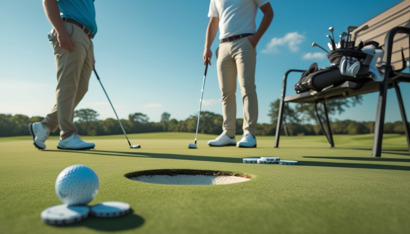 Pemandangan lapangan golf dengan dua pemain, satu pemula dan satu profesional, sedang bermain dan peralatan golf di samping mereka.
