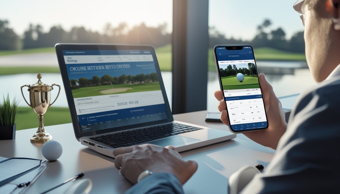 Seorang pria menggunakan laptop dan ponsel di meja dengan perlengkapan golf, menampilkan situs taruhan golf online dengan latar belakang lapangan golf.