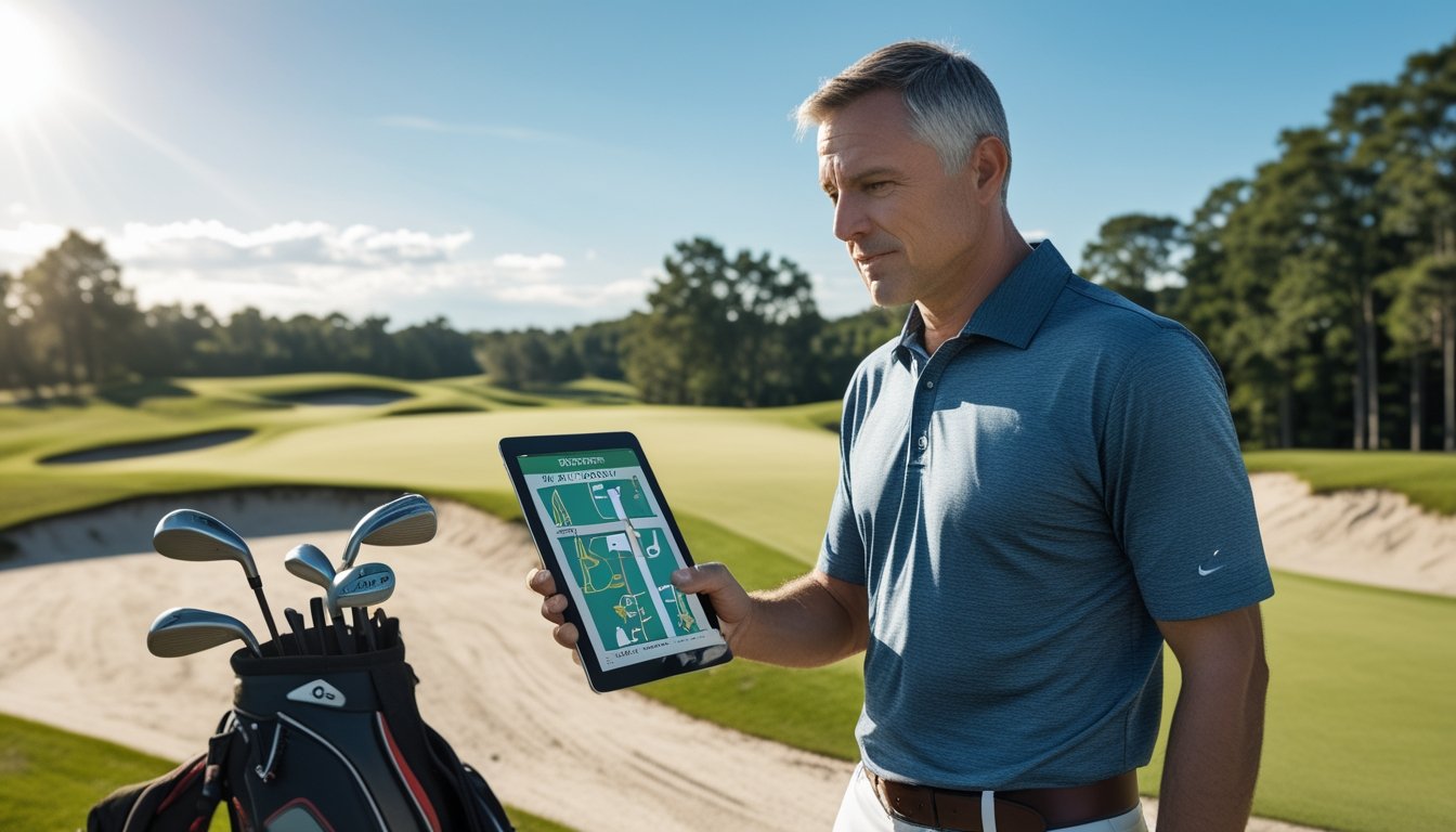 Seorang pria bermain golf sedang memeriksa peta lapangan golf dengan tablet di tangan di lapangan golf yang hijau dan cerah.