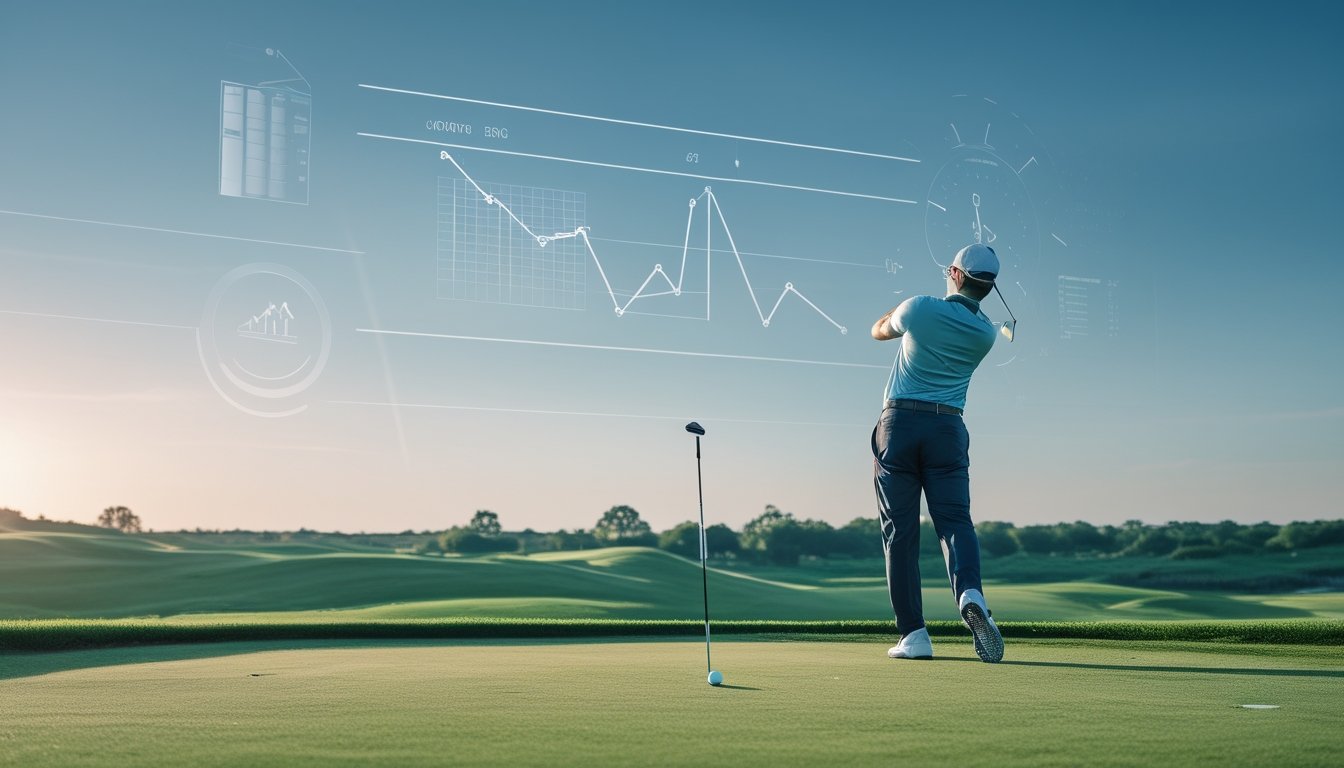 Seorang pemain golf sedang mengayunkan tongkat golf di lapangan golf yang hijau dan tenang pada pagi hari.