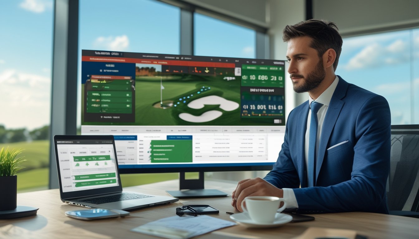 Seorang profesional sedang menganalisis data taruhan golf di kantor dengan pemandangan lapangan golf di luar jendela.