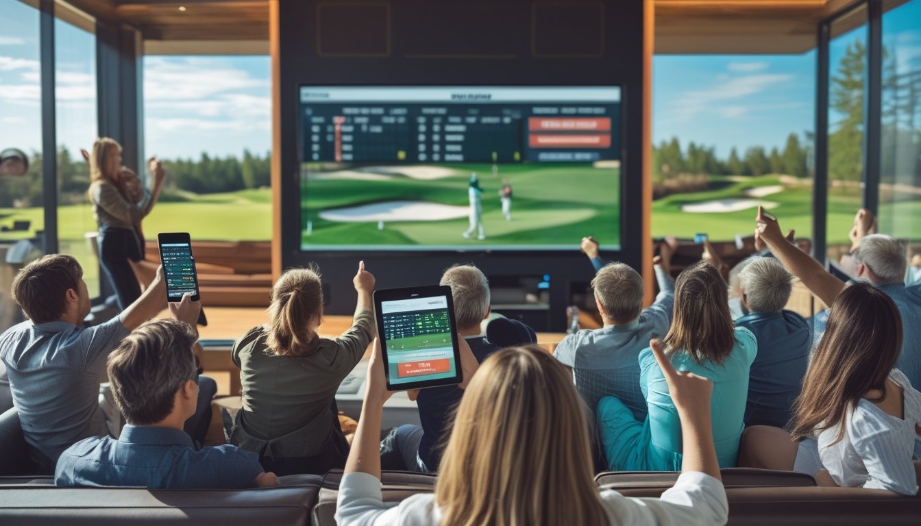 Sekelompok orang menonton turnamen golf secara langsung di ruang santai dengan layar besar, sambil menggunakan perangkat elektronik untuk taruhan langsung.