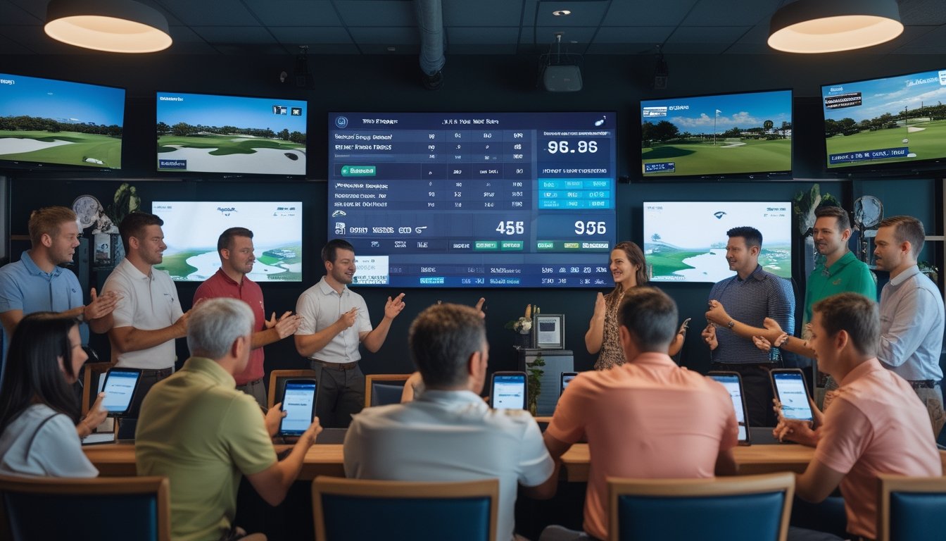 Sekelompok orang sedang menonton dan bertaruh secara langsung pada pertandingan golf di sebuah ruang olahraga modern dengan layar digital besar.